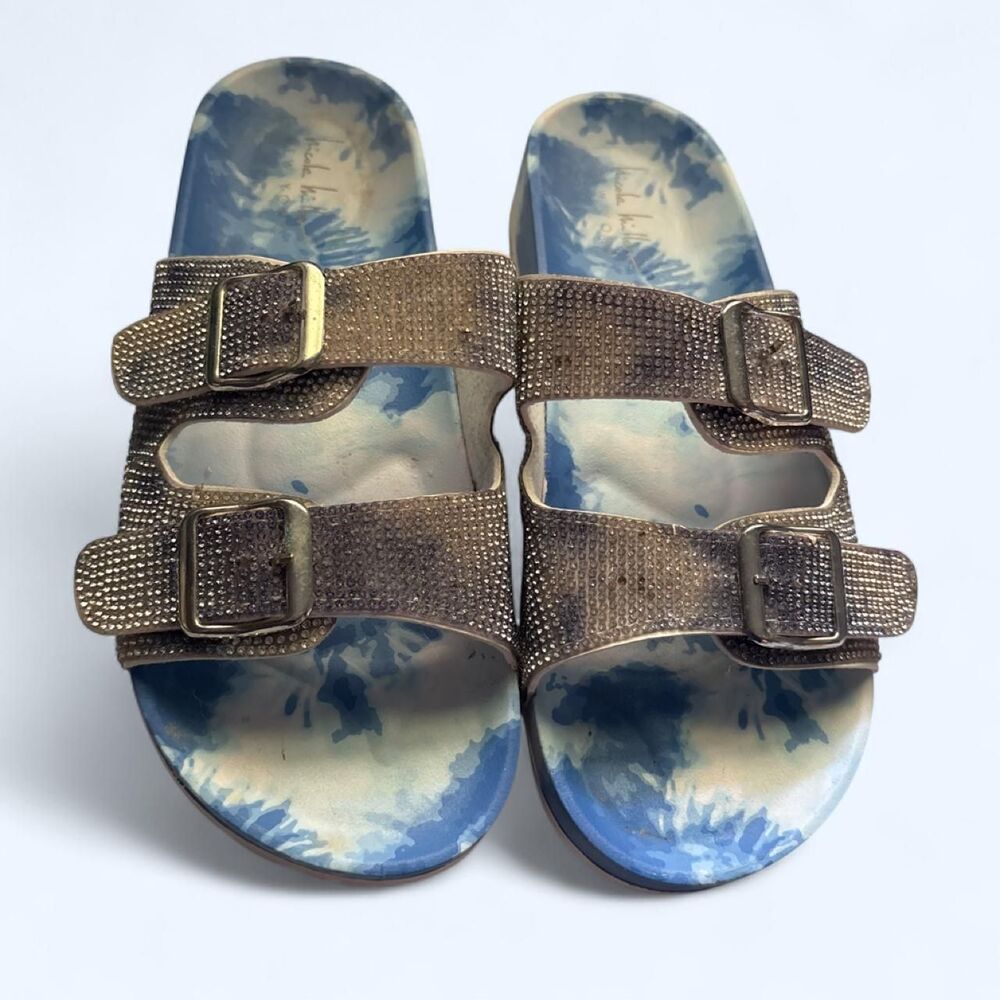 Nicole Miller 8.5 Blue White Tie Dye Rhinestone Slide Sandals Y2K
